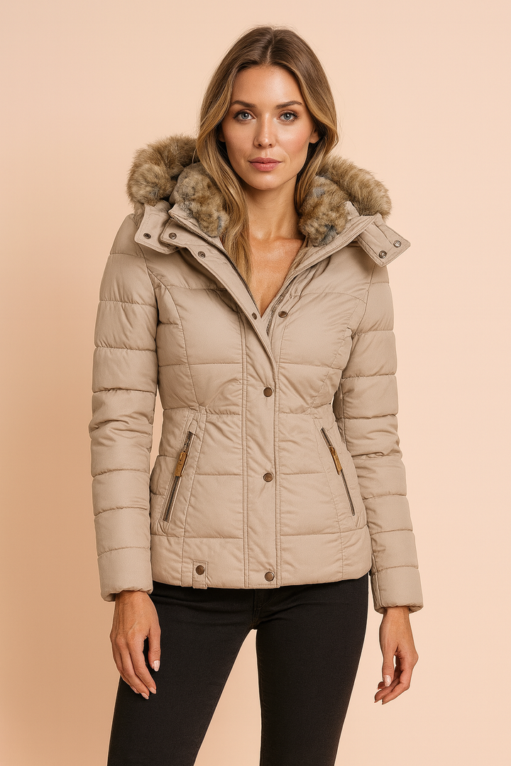 Women's fitted hooded puffer jacket in black, offering warmth and style for cold winter weather.
