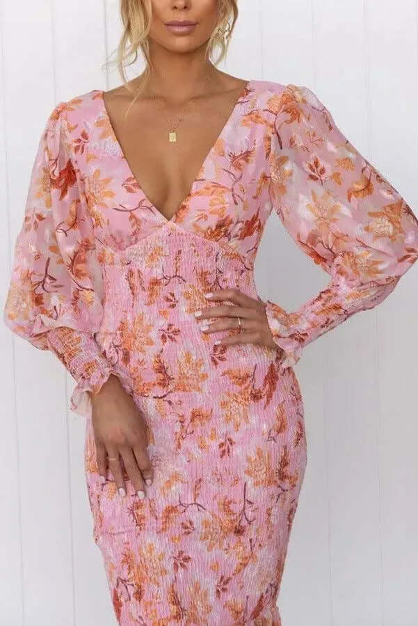 Elegant women's fitted midi dress with puff sleeves & V-neck, ideal for parties, spring & summer wear.