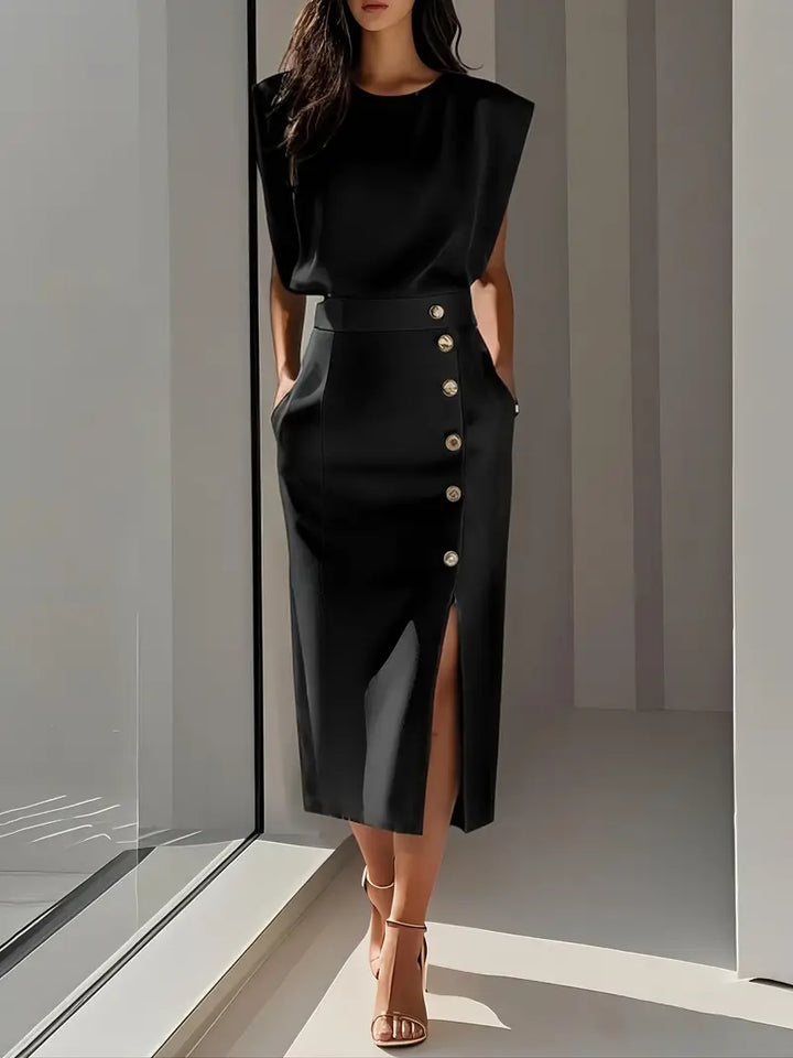 Navy midi dress for women, elegant & sophisticated with a flattering fit & side slit.