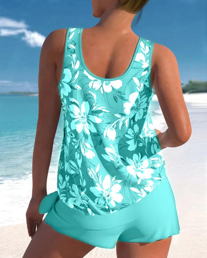 Comfortable women's tankini set featuring a flattering top and modest boyshort bottoms for swimwear.