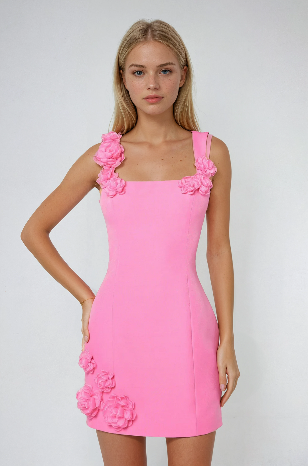 Women's floral appliqué mini dress, perfect for summer cocktails & parties.