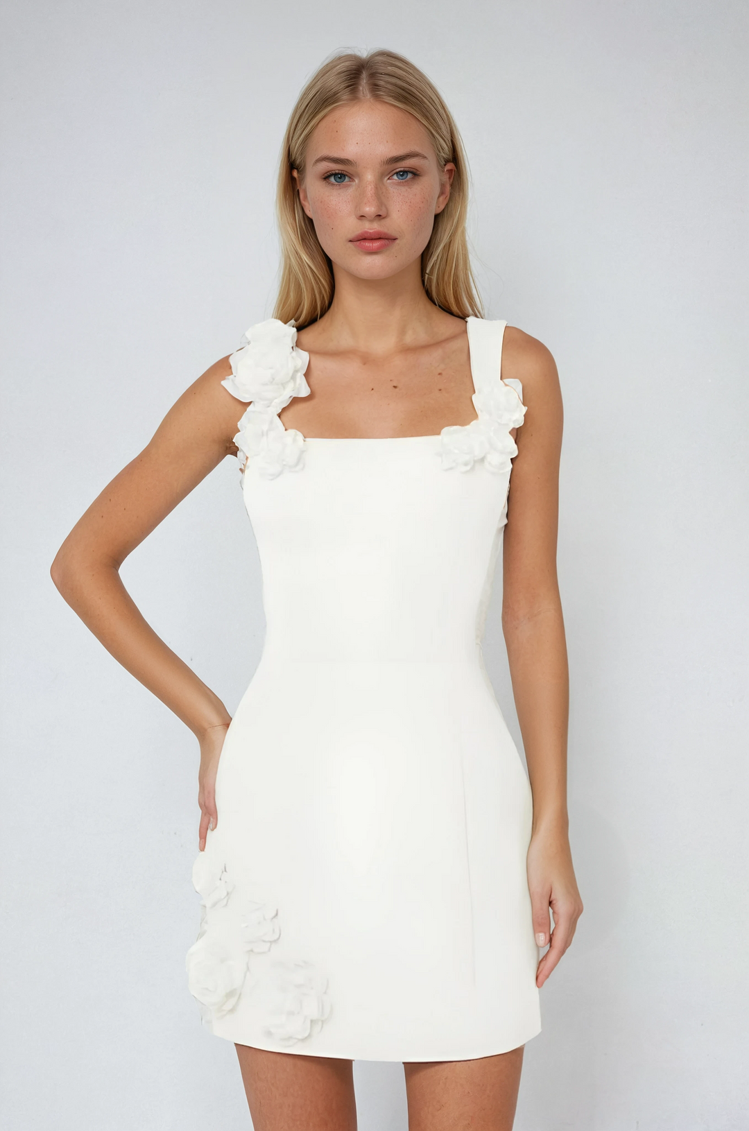 Pink women's floral appliqué party mini dress, a beautiful summer cocktail fashion statement.