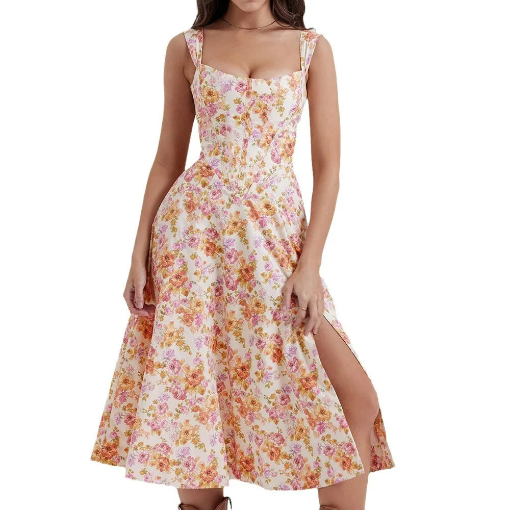 Vibrant green & orange floral midi dress, a chic sleeveless party dress for women.