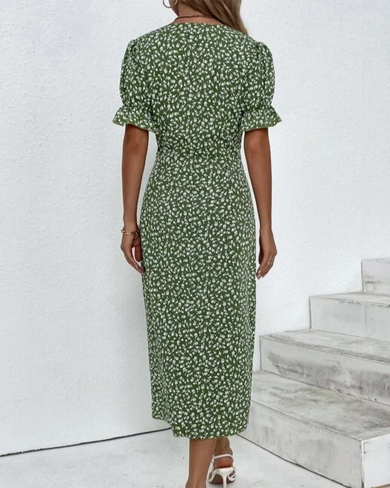 Flowy women's floral print wrap midi dress with V-neck and puff sleeves for comfortable summer style.