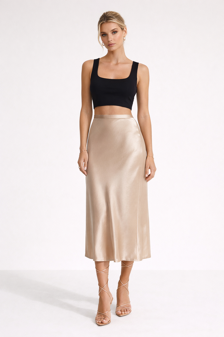 Elegant women's flowy midi skirt, a modern classic in soft fabric, suitable for formal wear and chic fashion.