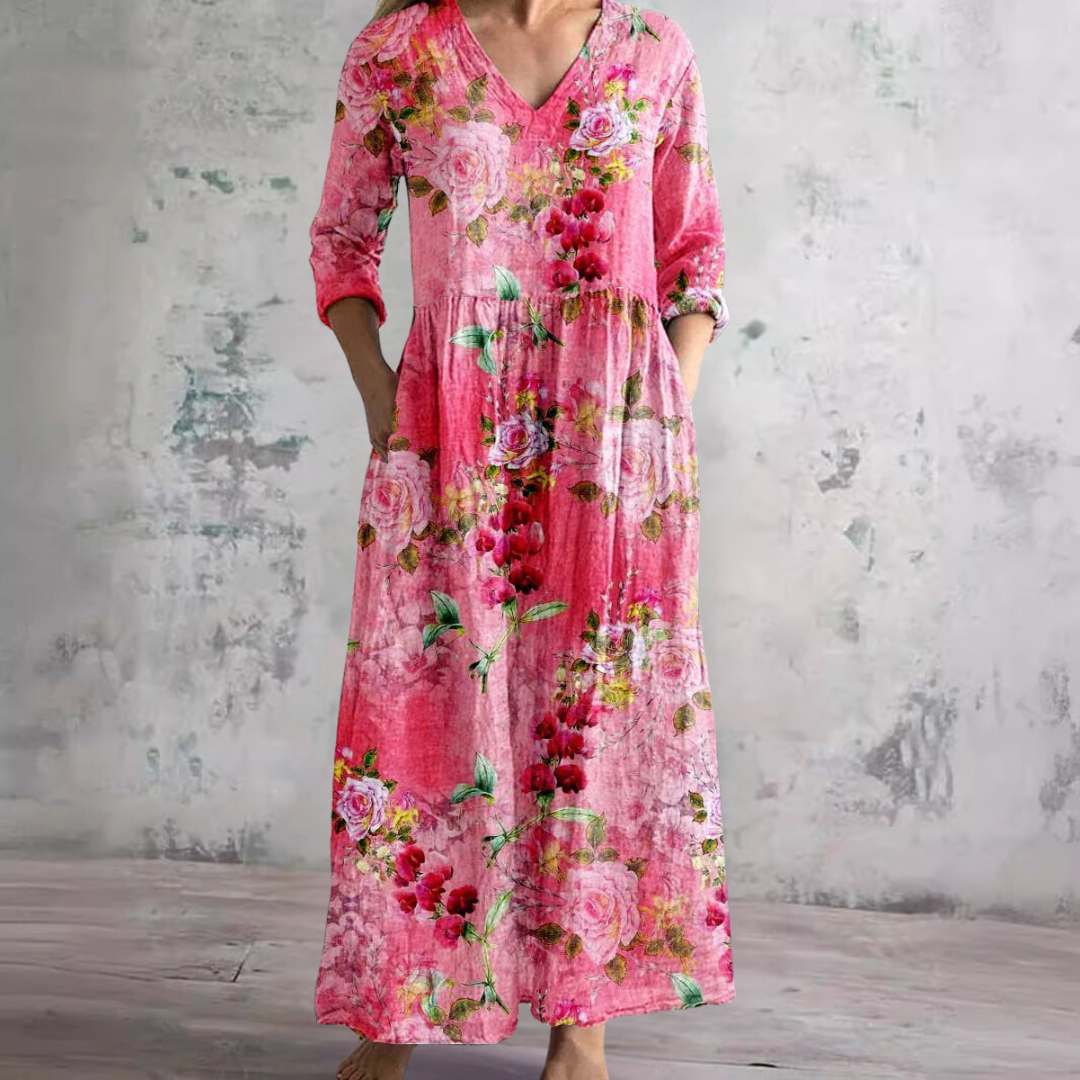 Stylish women's V-neck floral flowy maxi dress. Perfect for summer, beach, and everyday casual wear.