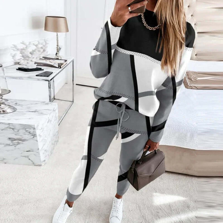 Cozy women's geometric knit loungewear set, two-piece outfit with jogger pants, ultimate comfort.