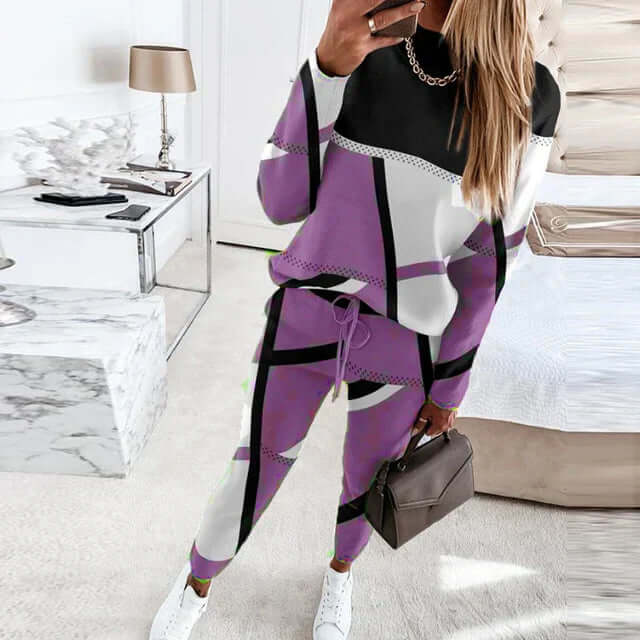 Purple geometric knit loungewear set for women, cozy two-piece outfit with stylish jogger pants.