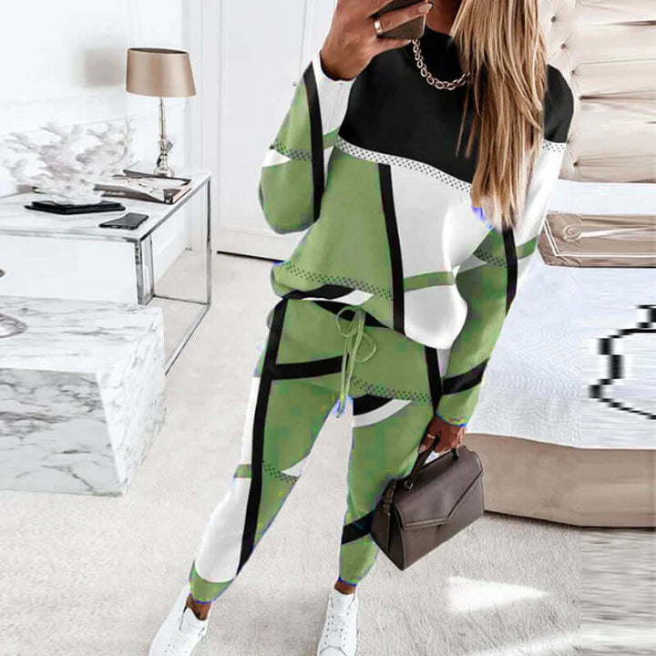 Geometric knit loungewear set, women's cozy top & jogger pants, perfect for casual comfort.