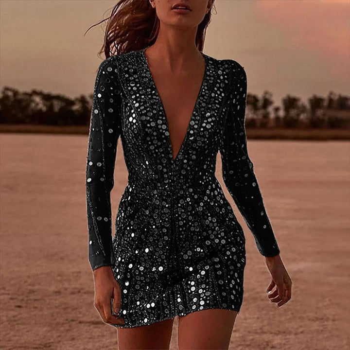 Sparkling long sleeve V-neck sequin mini dress for women, ideal for evening wear, cocktail parties & holidays.