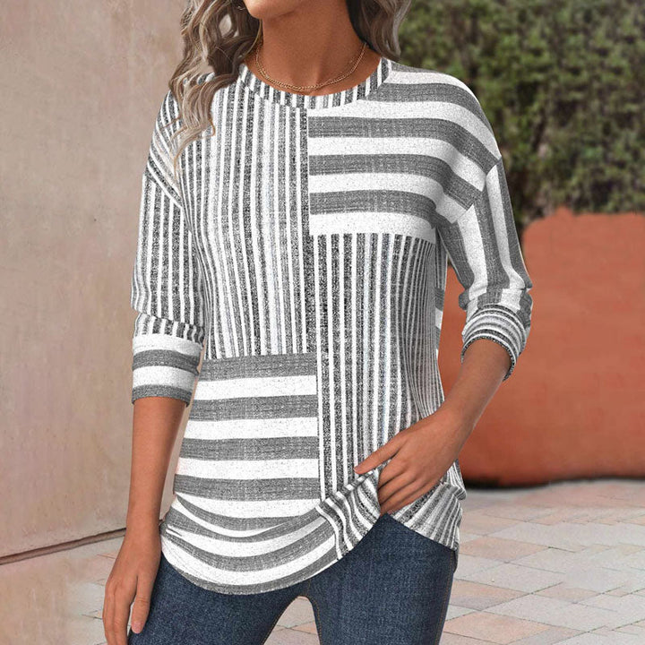 Women's grey striped comfort blouse, long sleeve, relaxed fit, perfect for casual chic or workwear.
