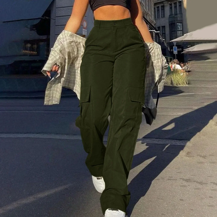 Modern women's high-waisted cargo pants, baggy and wide-leg design, offering ample multi-pocket storage.