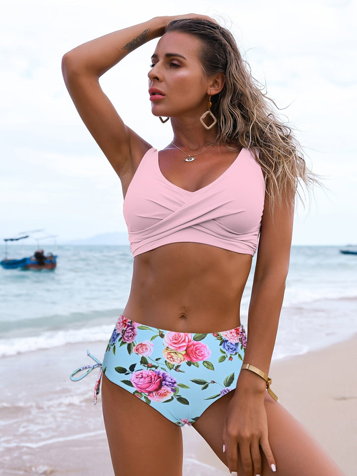 Women's flattering wrap top high waisted bikini. Stylish two-piece swimwear for summer beach & resort wear.