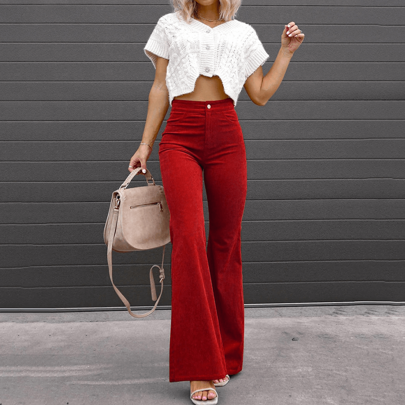 Retro brown corduroy flared pants for women, high-waisted & cozy for everyday vintage style.