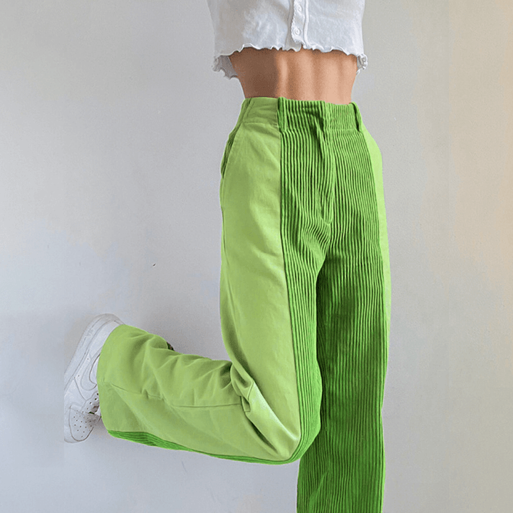 Green high-waisted corduroy wide leg pants for women. Trendy, comfortable casual wear, perfect for fall style.