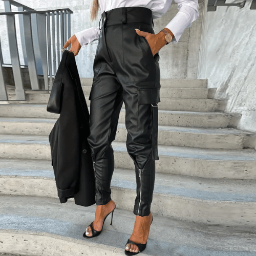 Women's high-waisted PU leather pants, sleek black faux leather trousers, versatile & chic for any outfit.