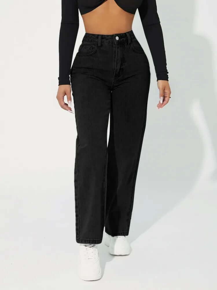 Women's high-waisted straight leg jeans in classic blue denim, offering a flattering and comfortable fit.