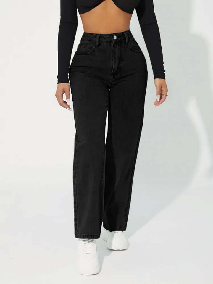 Light blue high-waisted straight leg denim jeans for women, providing a flattering fit and modern style.