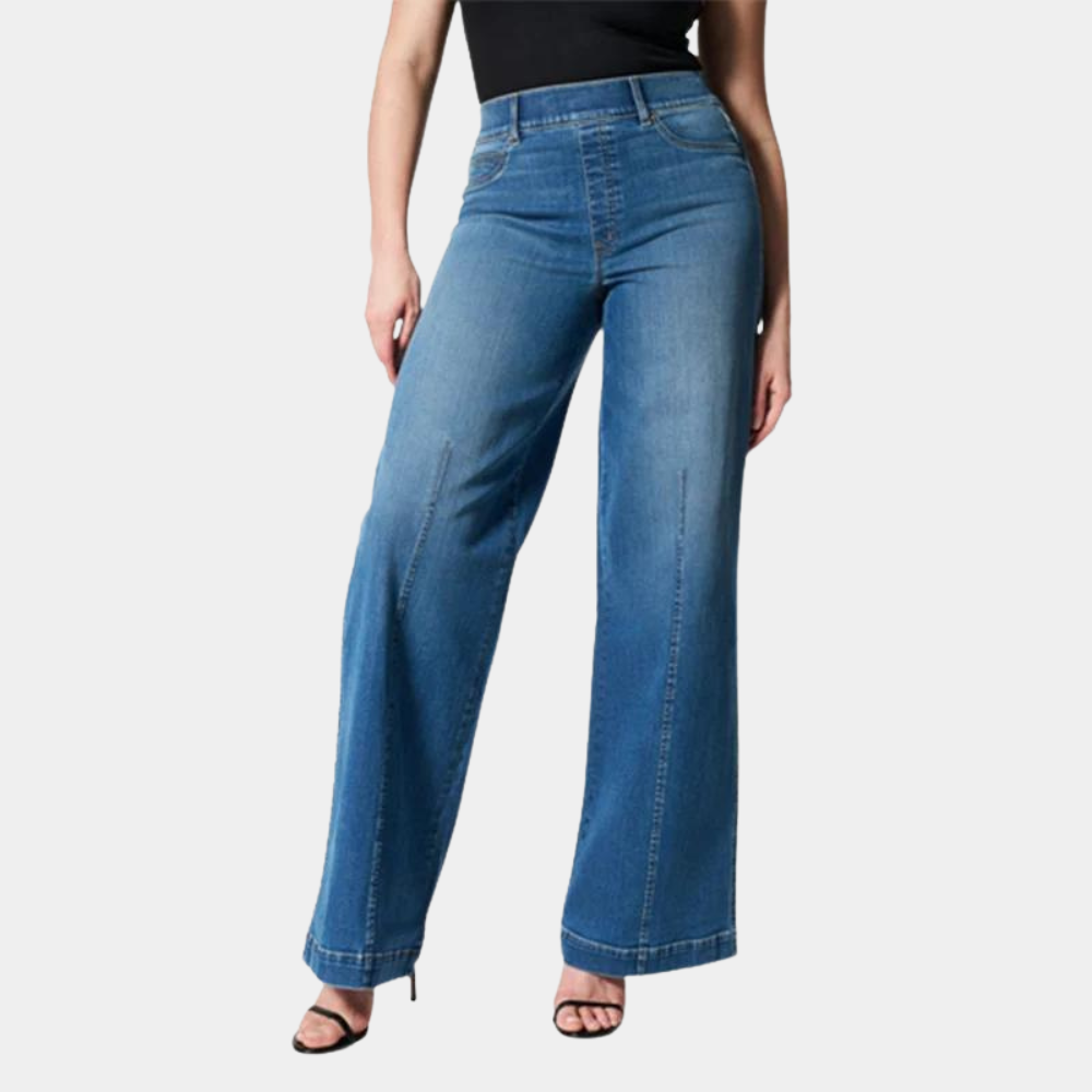Light blue high waisted wide leg jeans, offering a relaxed fit and effortless casual fashion for women.