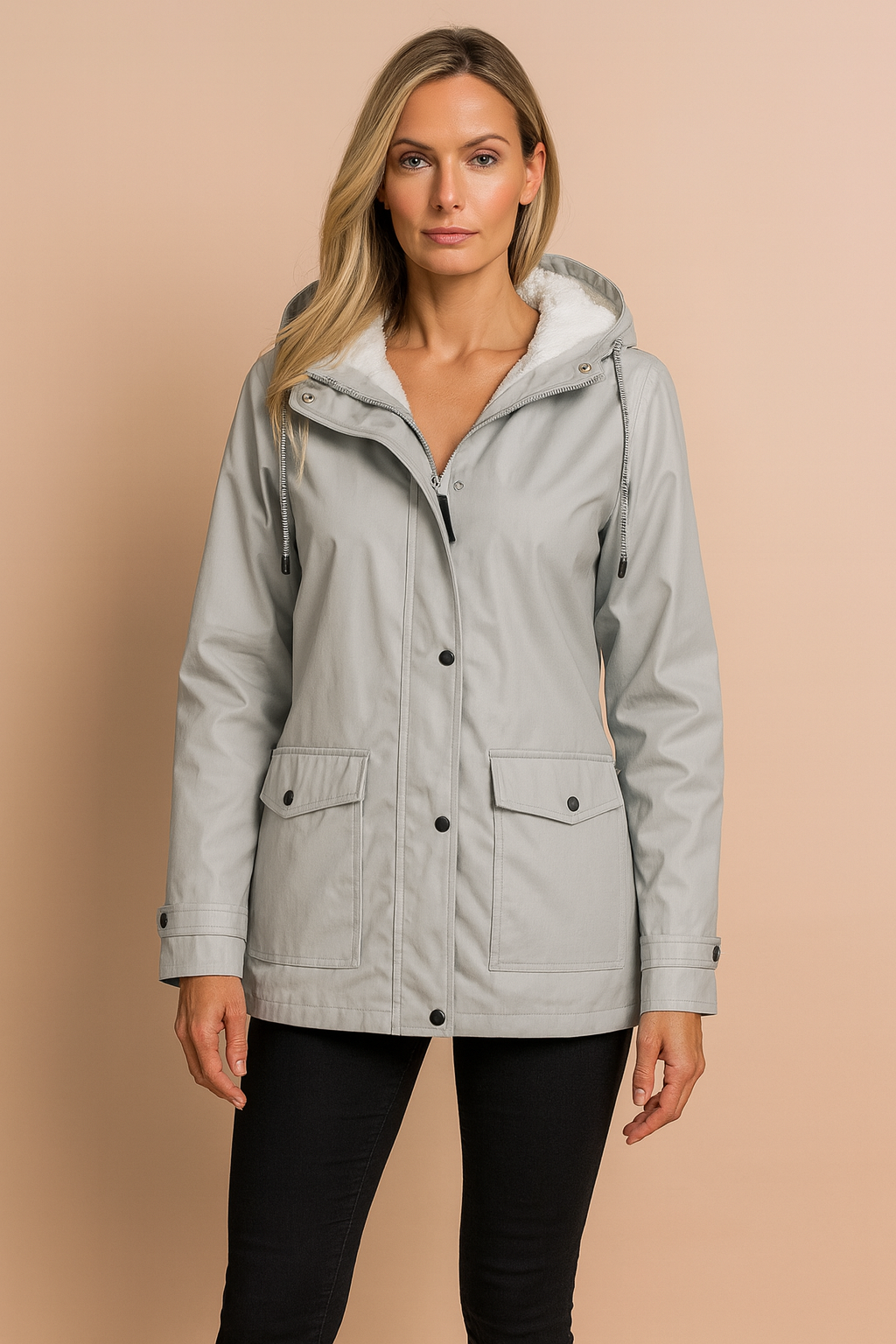Stylish women's hooded mid-length utility parka, a fashionable choice for winter outerwear.