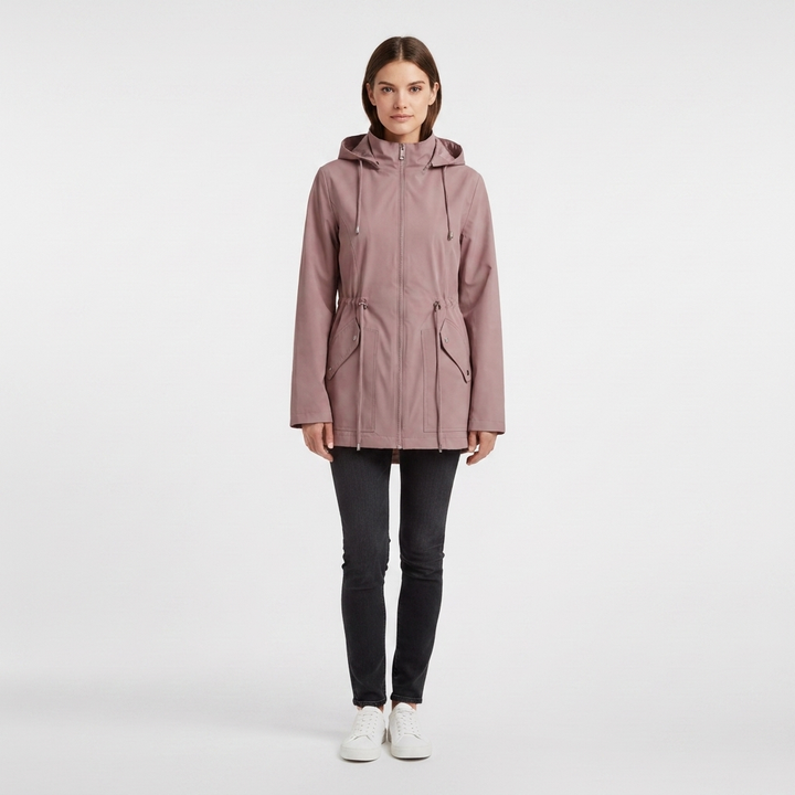Women's water-resistant hooded rain jacket, lightweight outerwear with adjustable waist for versatile spring/fall style.