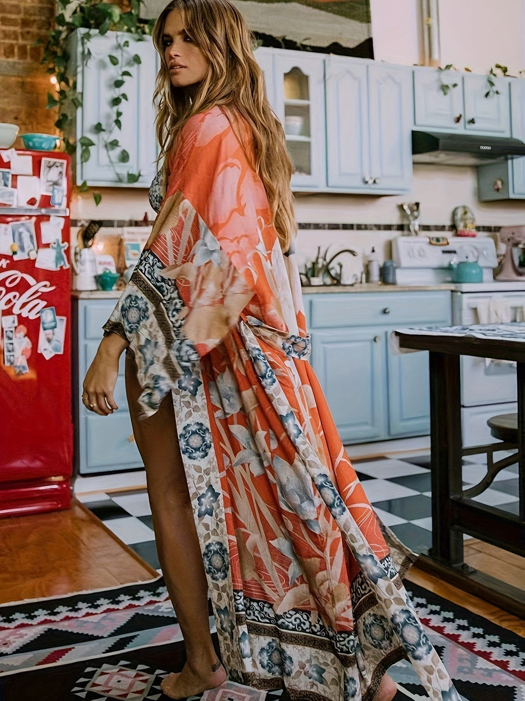 Women's Isabella red floral kimono, perfect beach cover-up for effortless summer style.