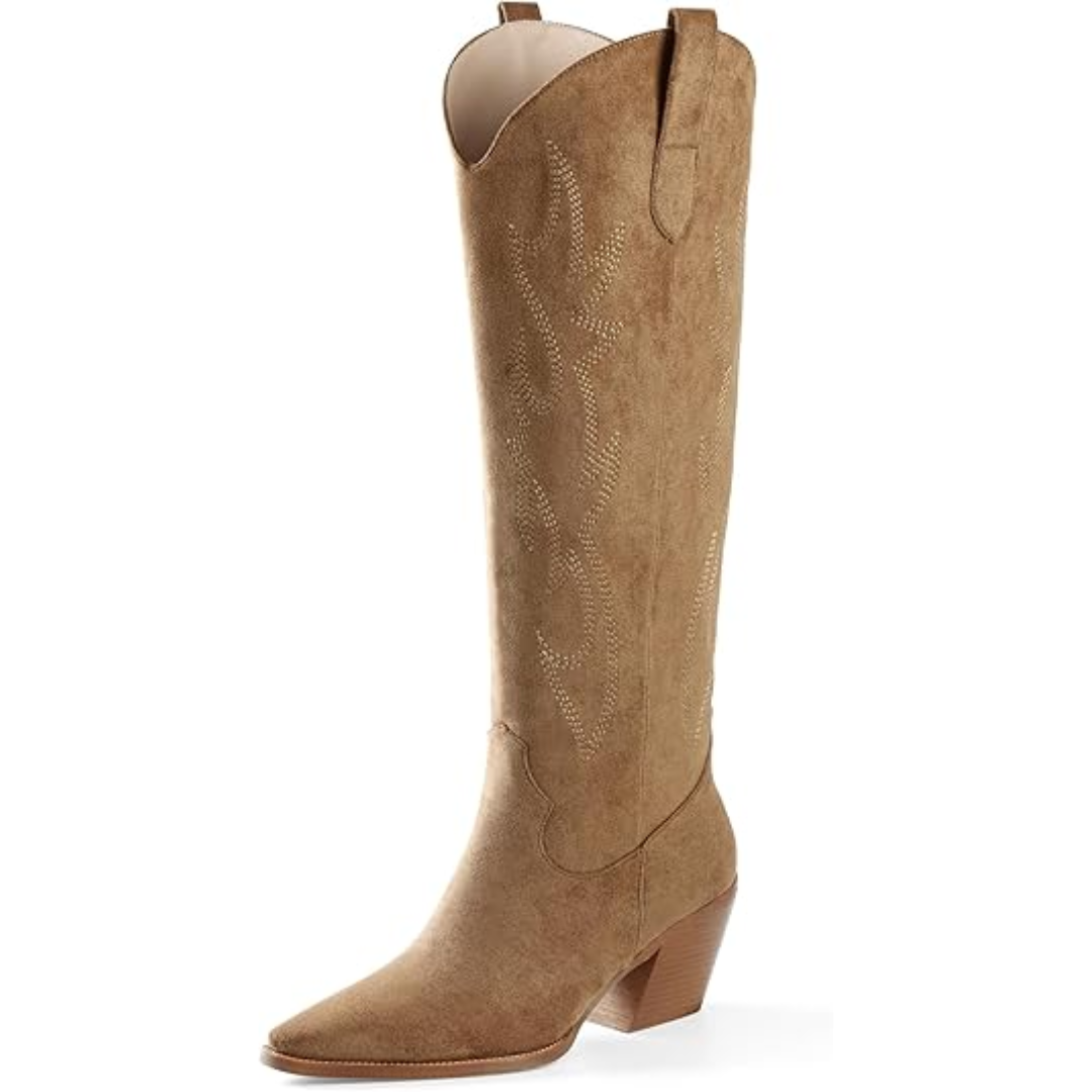 Elegant knee-high suede and faux leather cowboy boots for women, detailed western embroidery.