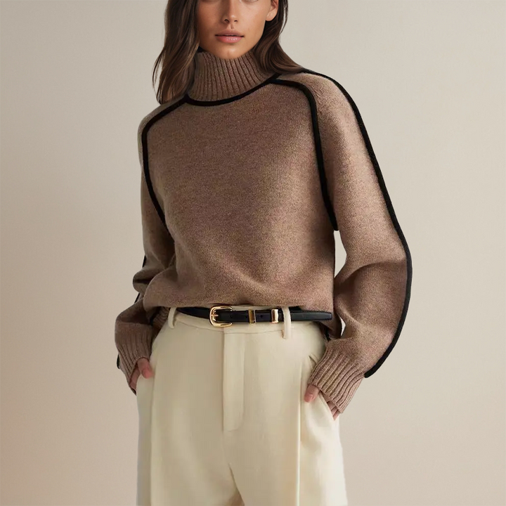 Women's knitted turtleneck jumper with stylish contrast trim, perfect for cozy fall & winter fashion.