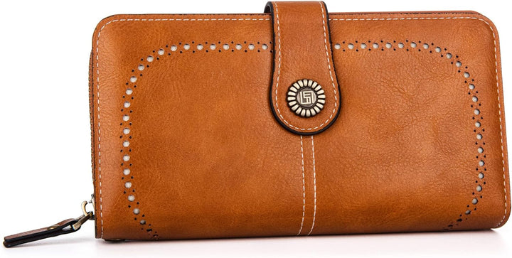 Elegant women's PU leather purse, a large capacity wristlet & RFID security.