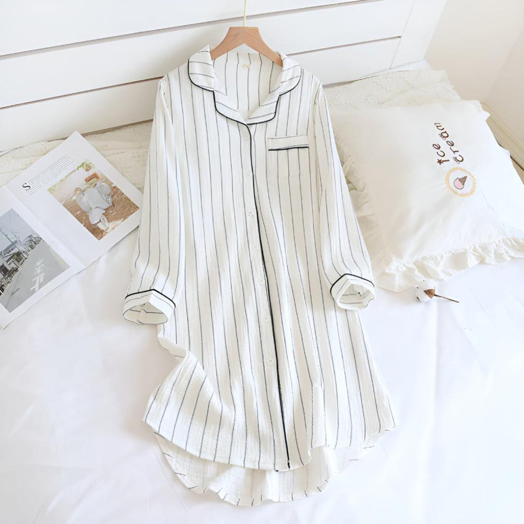 Women's striped cotton gauze long sleeve nightgown. Lightweight, breathable, knee-length loungewear & sleepwear.