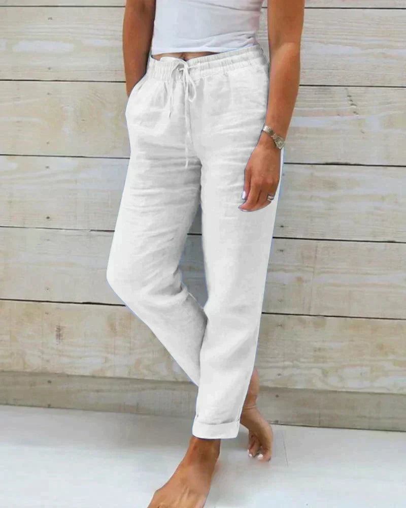 Stylish women's Hannah lightweight linen summer pants. Comfortable, versatile for casual wear & warm weather fashion.