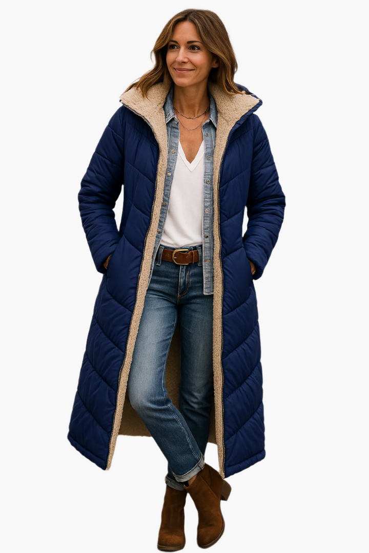 Warm zip-up long puffer jacket for women, essential cozy outerwear for winter fashion.