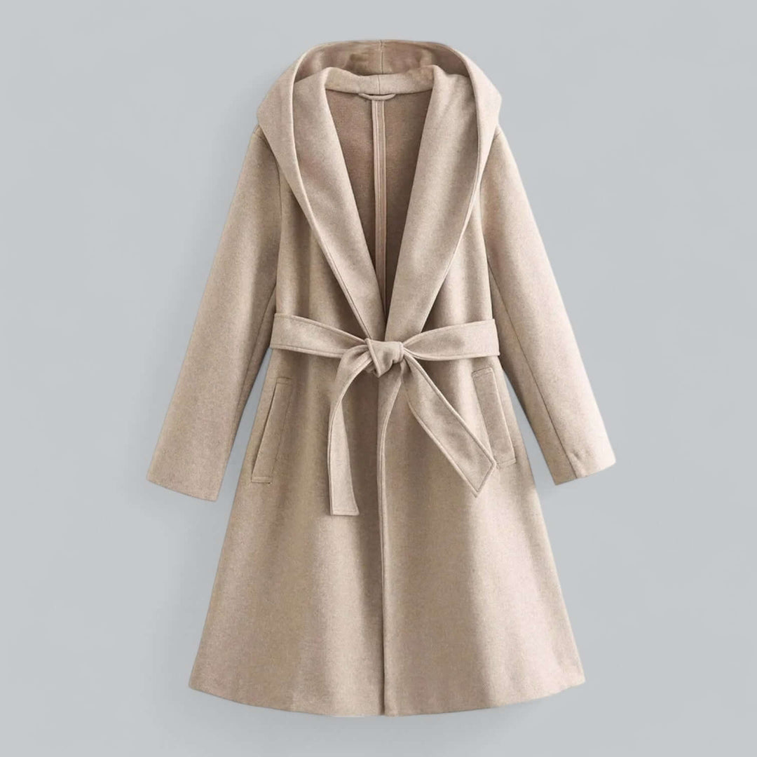 Fashionable women's hooded long trench coat, a stylish belted jacket for elegant outerwear.