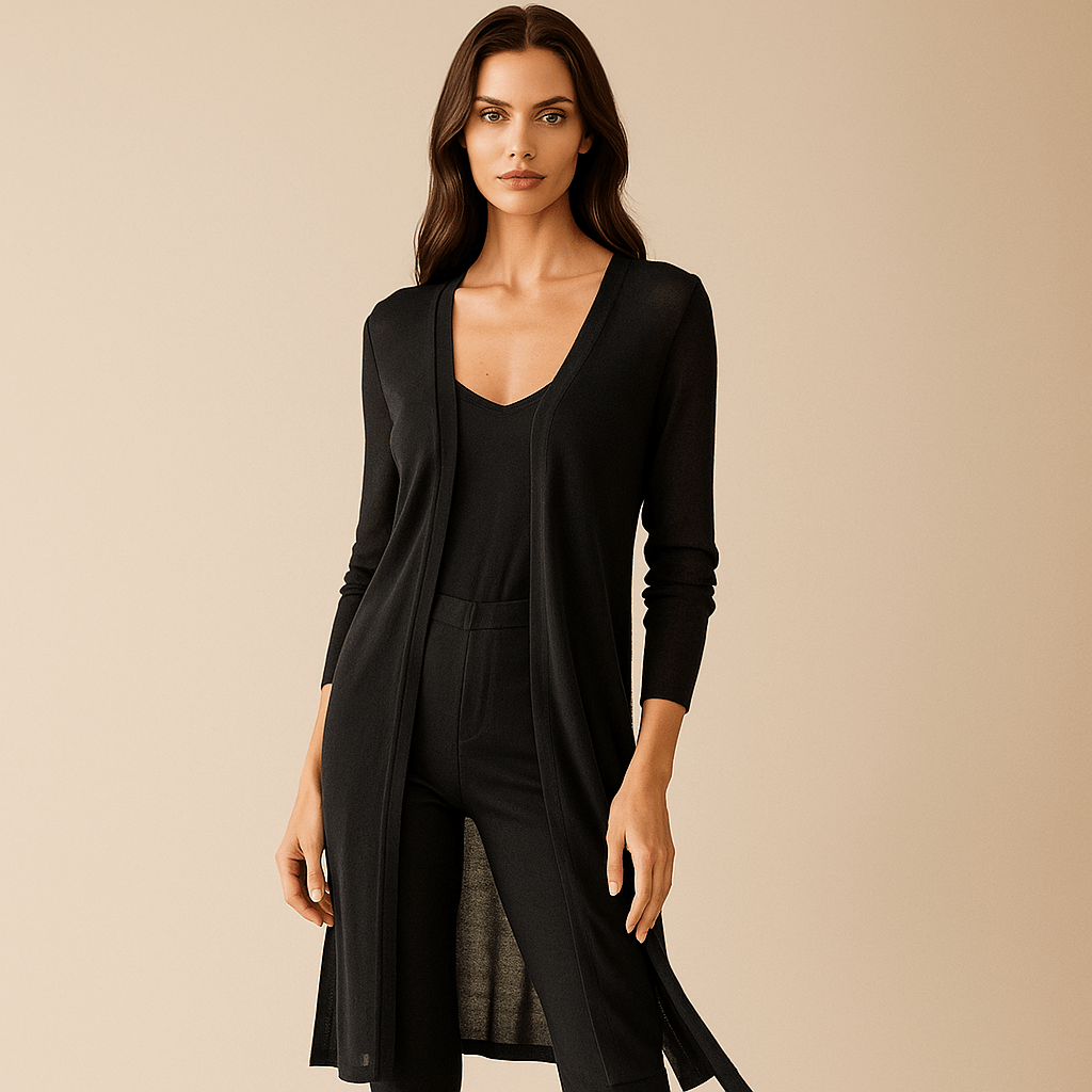 Elegant women's long knit cardigan, offers a comfortable and chic look for daily or special occasions.