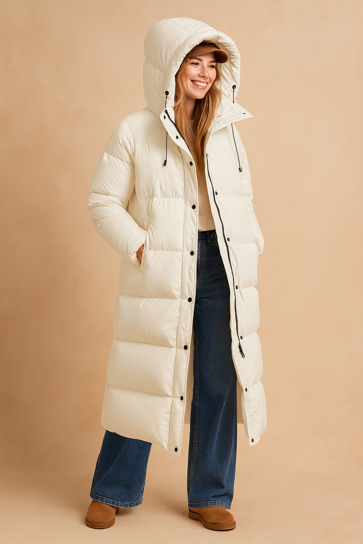 Stylish women's long hooded winter jacket. Quilted design, perfect for cold weather. Fashionable puffer coat.