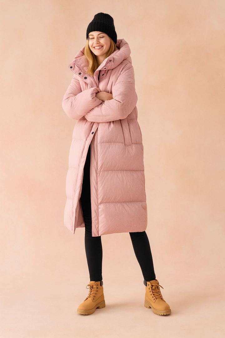 Full-length quilted women's winter jacket with hood. Provides warmth & style. Ideal for cold weather outerwear.