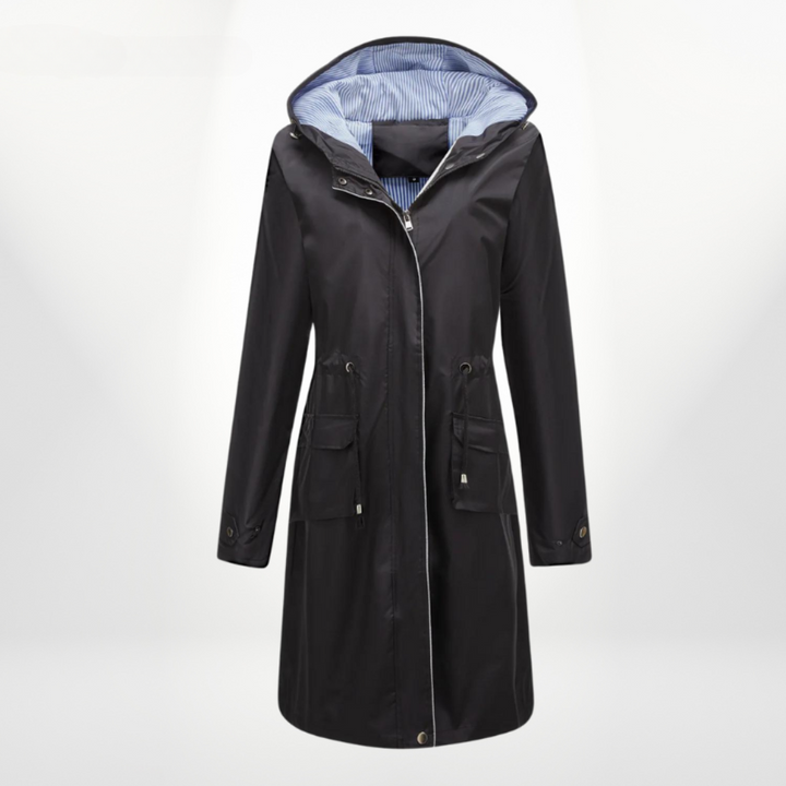 Women's long rain jacket with hood, adjustable waist. Water-resistant for spring & fall.