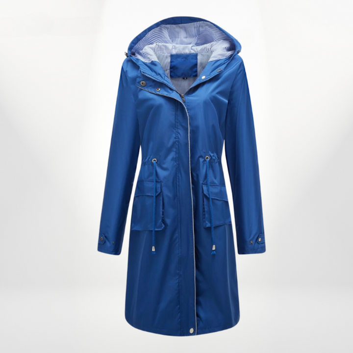 Water-resistant women's long rain jacket, zip-up. Durable hooded outerwear for everyday fashion.