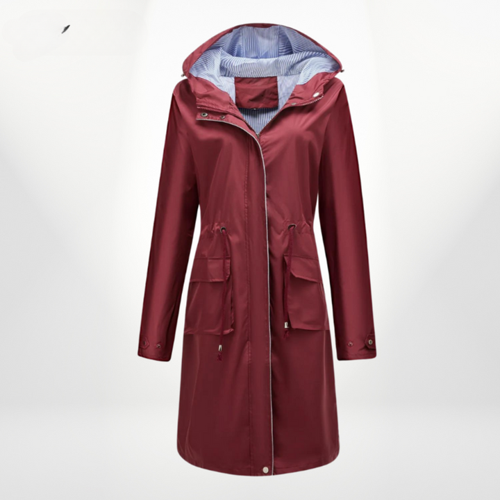 Fashionable women's long rain jacket with hood and adjustable waist. Perfect for spring & fall.