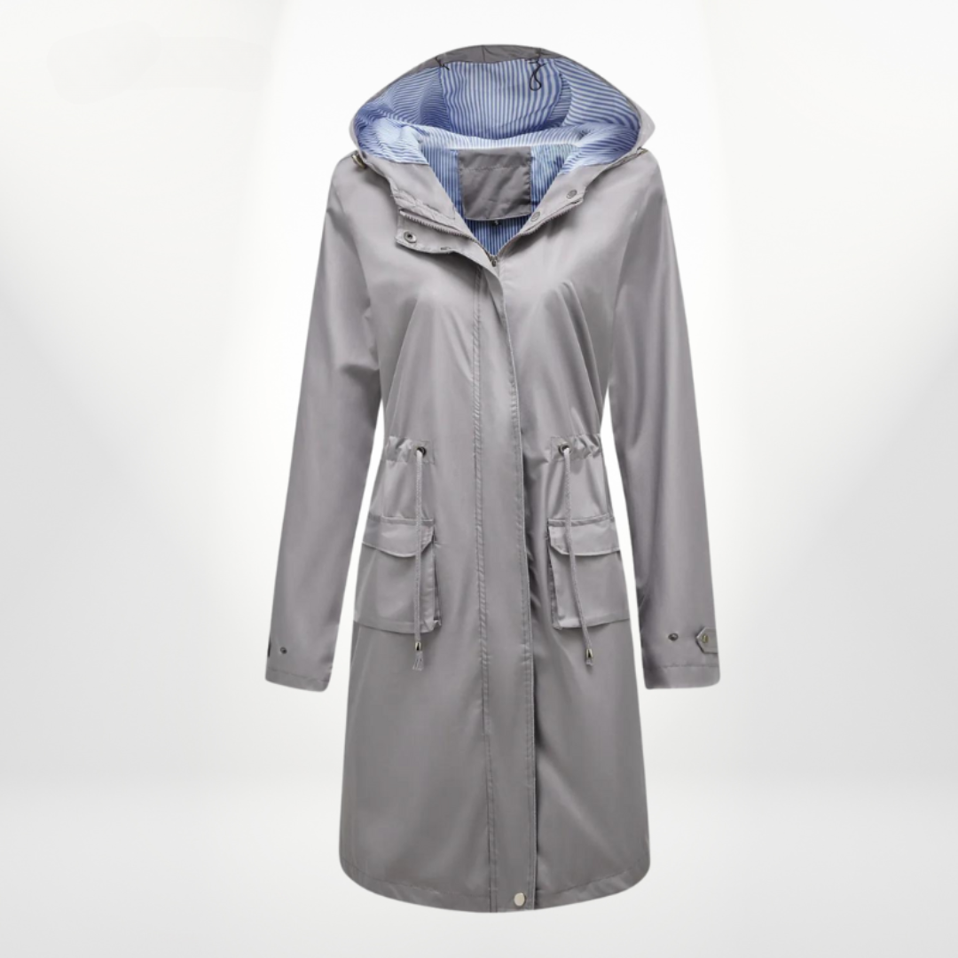 Versatile women's long rain jacket, hooded, water-resistant. Ideal utility jacket for travel & everyday.