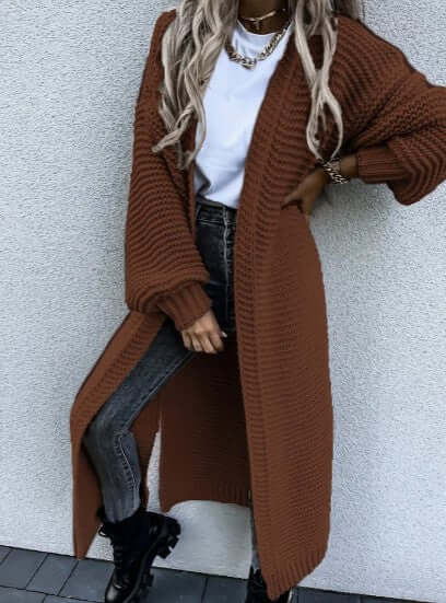 Women's long sleeve open front knitted cardigan, acrylic blend. Cozy knitwear for winter warmth.