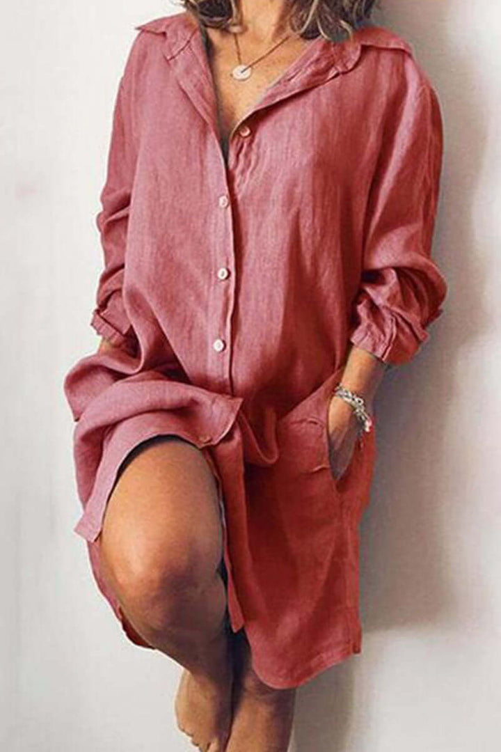 Elegant women's knee-length shirt dress with long sleeves. Versatile women's apparel, ideal for everyday casual fashion.