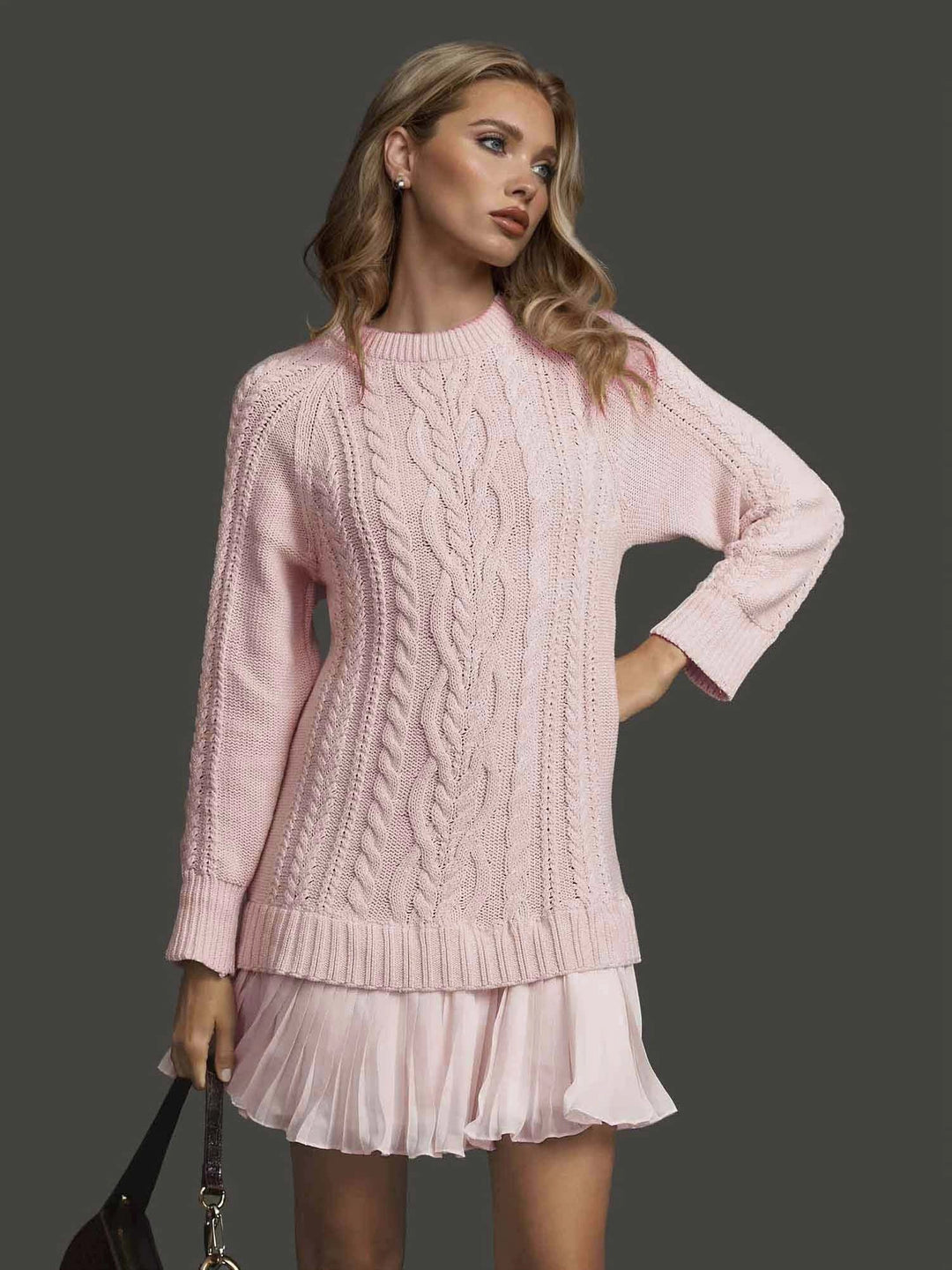 Warm long sleeve women's winter dress. Elegant textured bodice & pleated mini hem for stylish cold weather comfort.