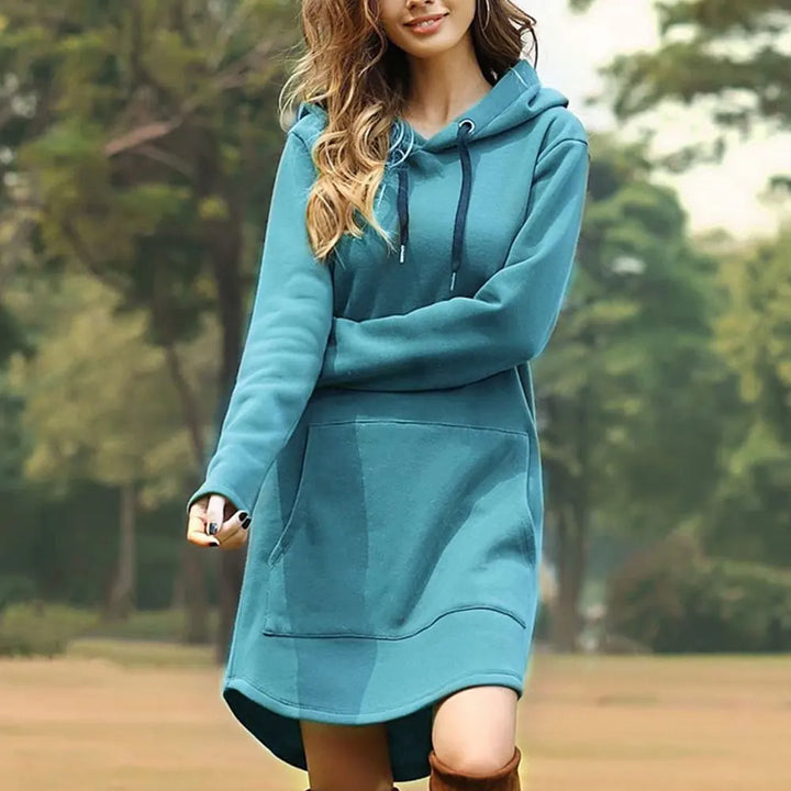 Front view of a women's long style hoodie. Warm, comfortable, and stylish for fall and winter.
