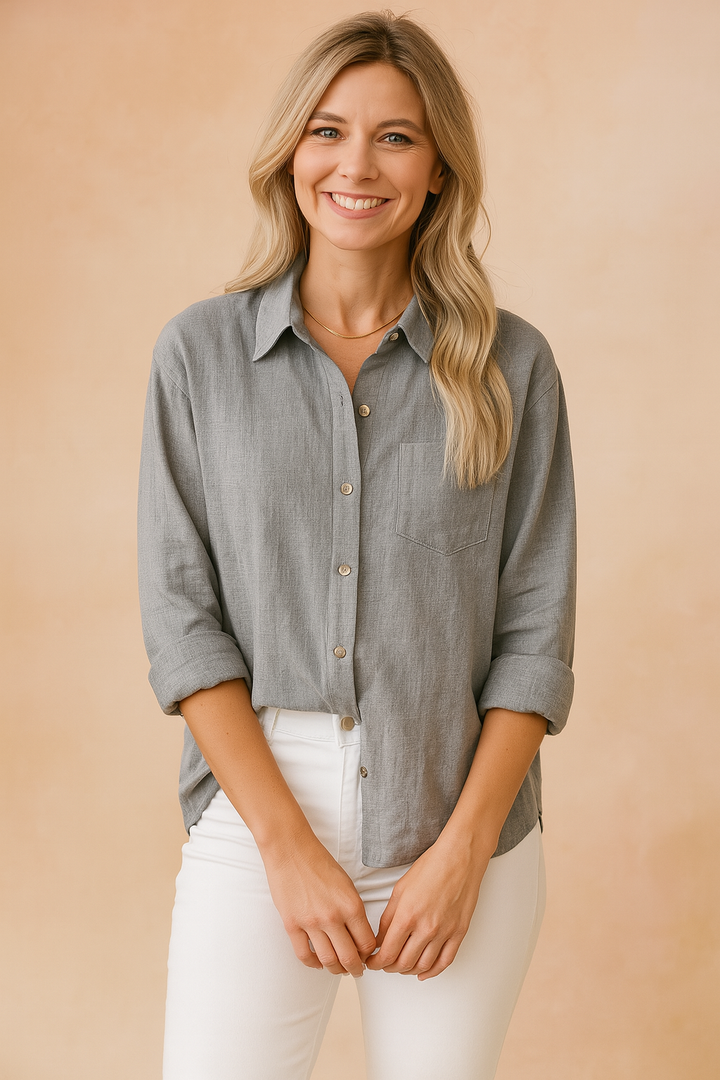 Chic women's loose fit button-up blouse, ideal casual top for versatile everyday wear and modern comfort.