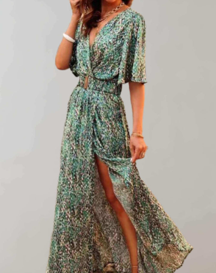Women's loose floral print midi dress, elegant with a side slit, perfect for spring fashion & summer comfort.