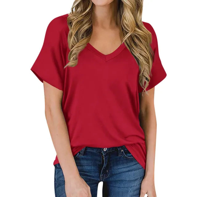 Casual women's V-neck t-shirt, stylish short sleeve top for comfortable summer fashion.