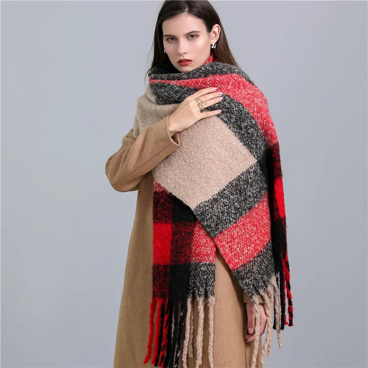 Elegant women's checked cashmere scarf, a luxurious and warm addition to any winter outfit.