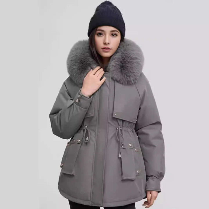 Women's mid-length winter coat with elegant faux fur collar. Warm & stylish polyester outerwear for ladies.