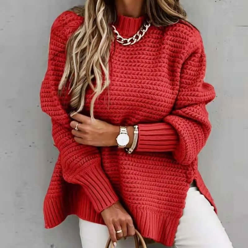 Women's mock neck knitted jumper, elegant and stylish, perfect for fall and winter comfort.